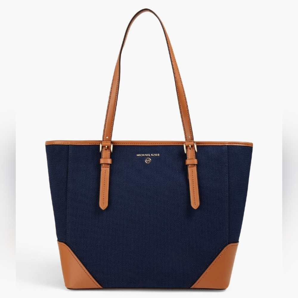 NWT Michael Kors Aria Tote Bag Navy‎ Blue Canvas Camel Tan Leather Trim Handbag
